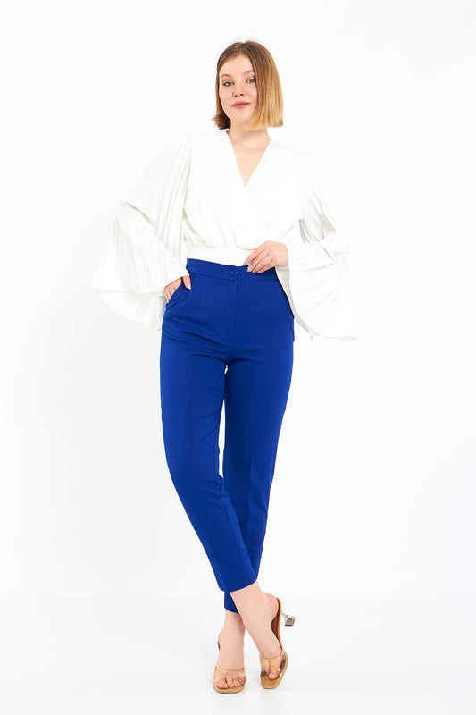 Saks Mavisi Paçadan Yırtmaçlı Kumaş Pantolon