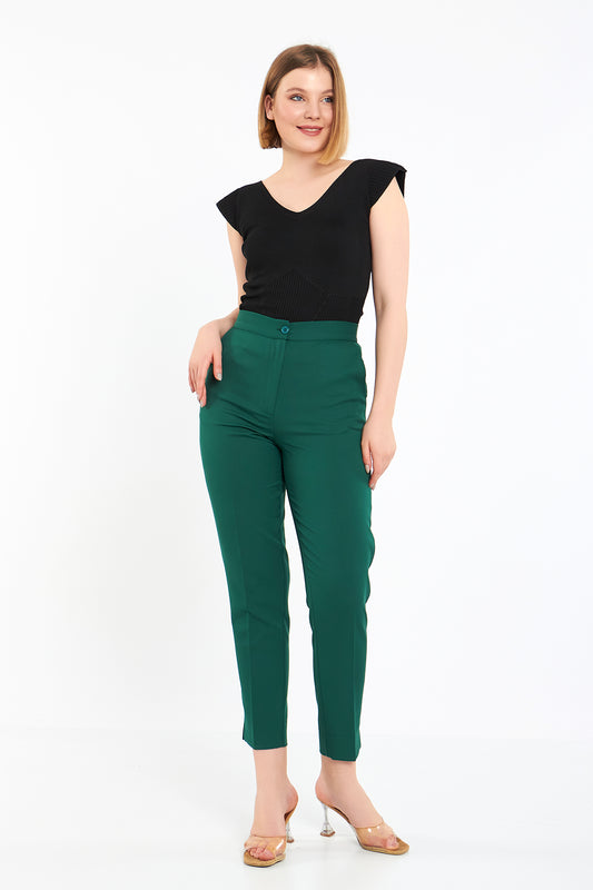 Zümrüt Yeşili Paçadan Yırtmaçlı Kumaş Pantolon