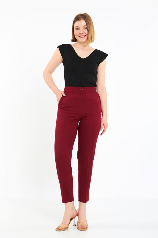 Bordo Paçadan Yırtmaçlı Kumaş Pantolon
