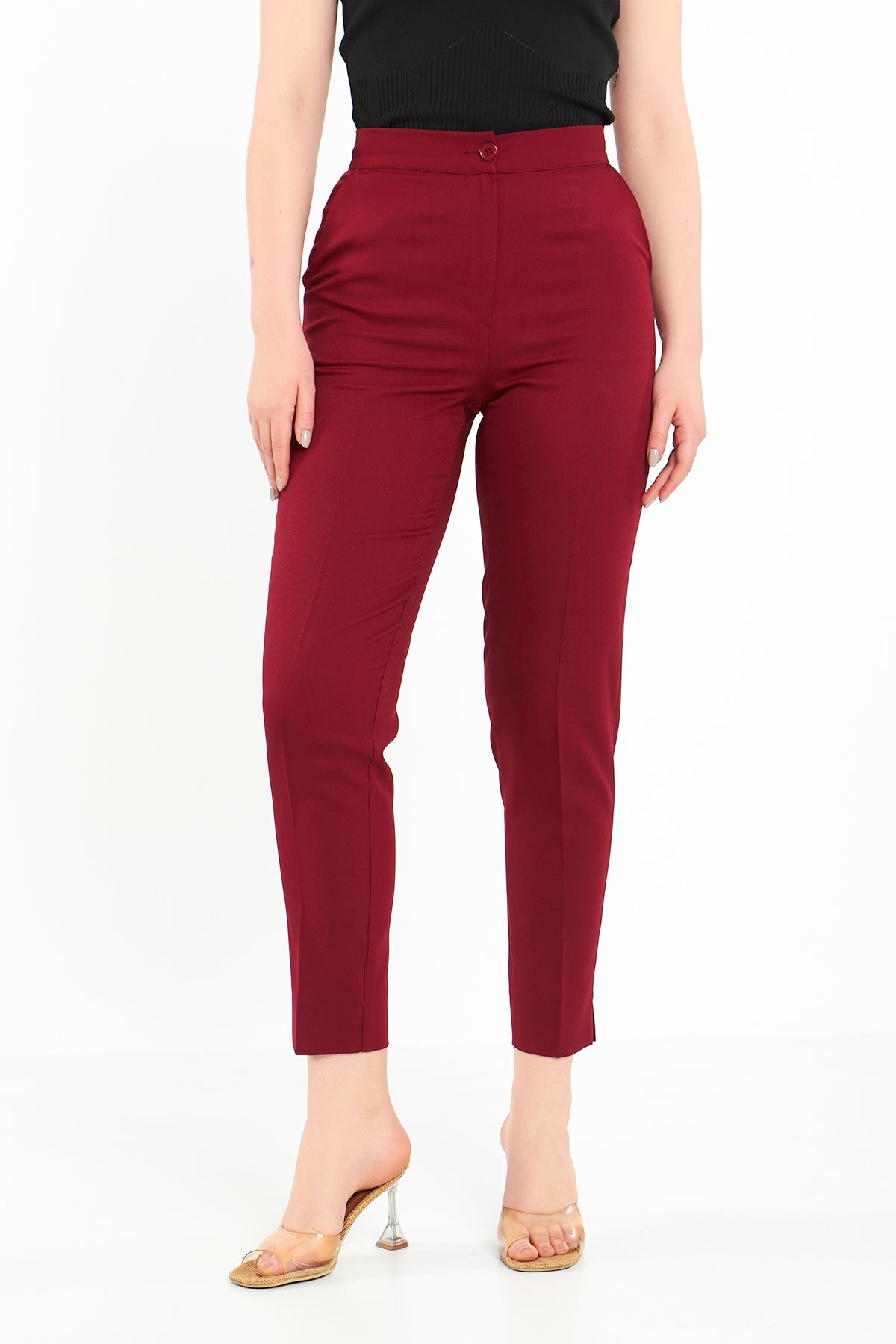 Bordo Paçadan Yırtmaçlı Kumaş Pantolon