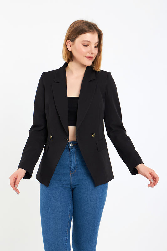 Siyah Kruvaze Ceket, regular kalıp, astarlı, kol düğme detaylı