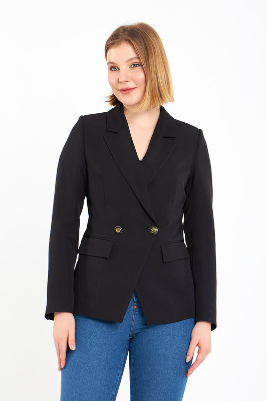 Siyah Kruvaze Ceket, regular kalıp, astarlı, kol düğme detaylı