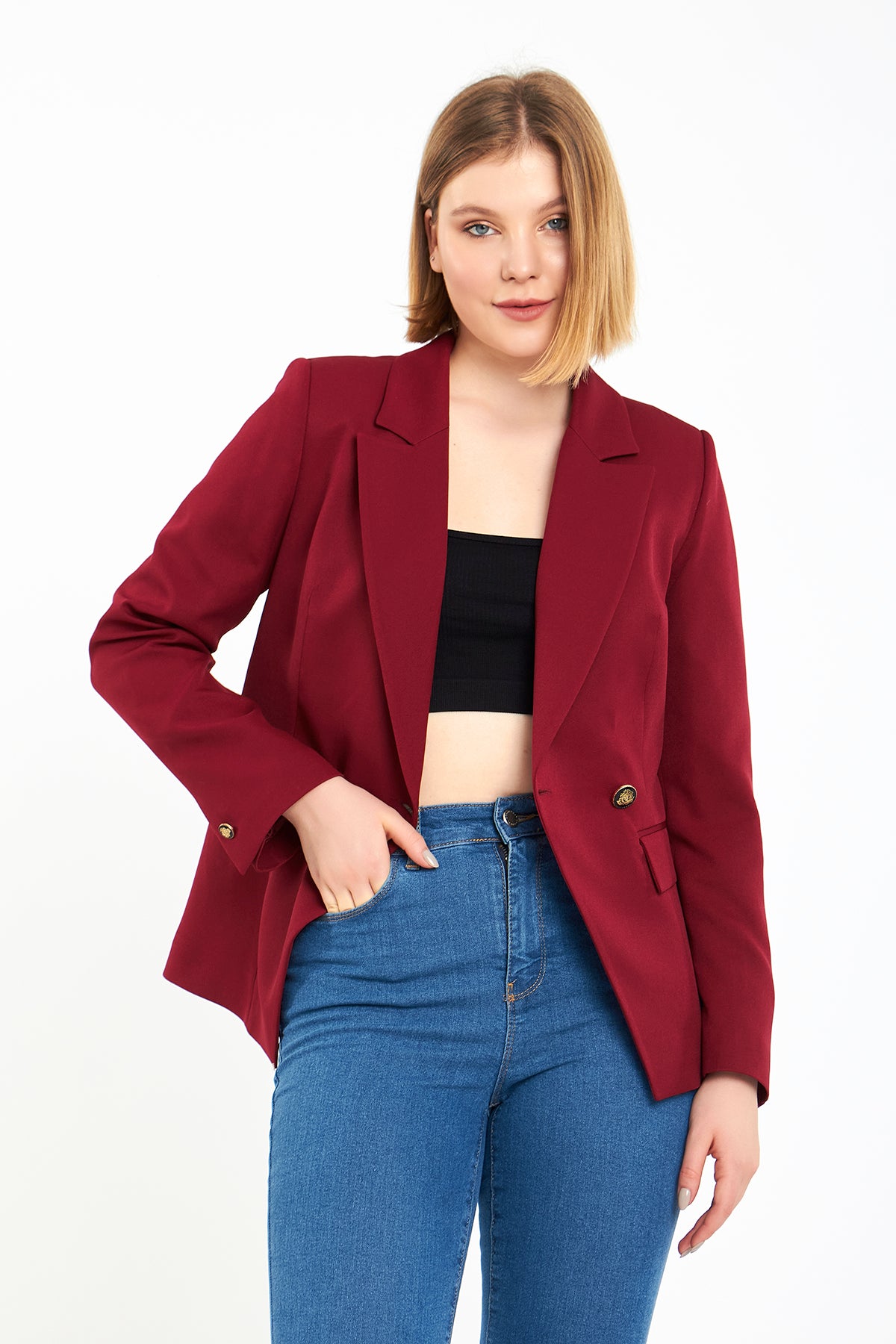 Bordo Kruvaze Ceket, regular kalıp, astarlı, kol düğme detaylı