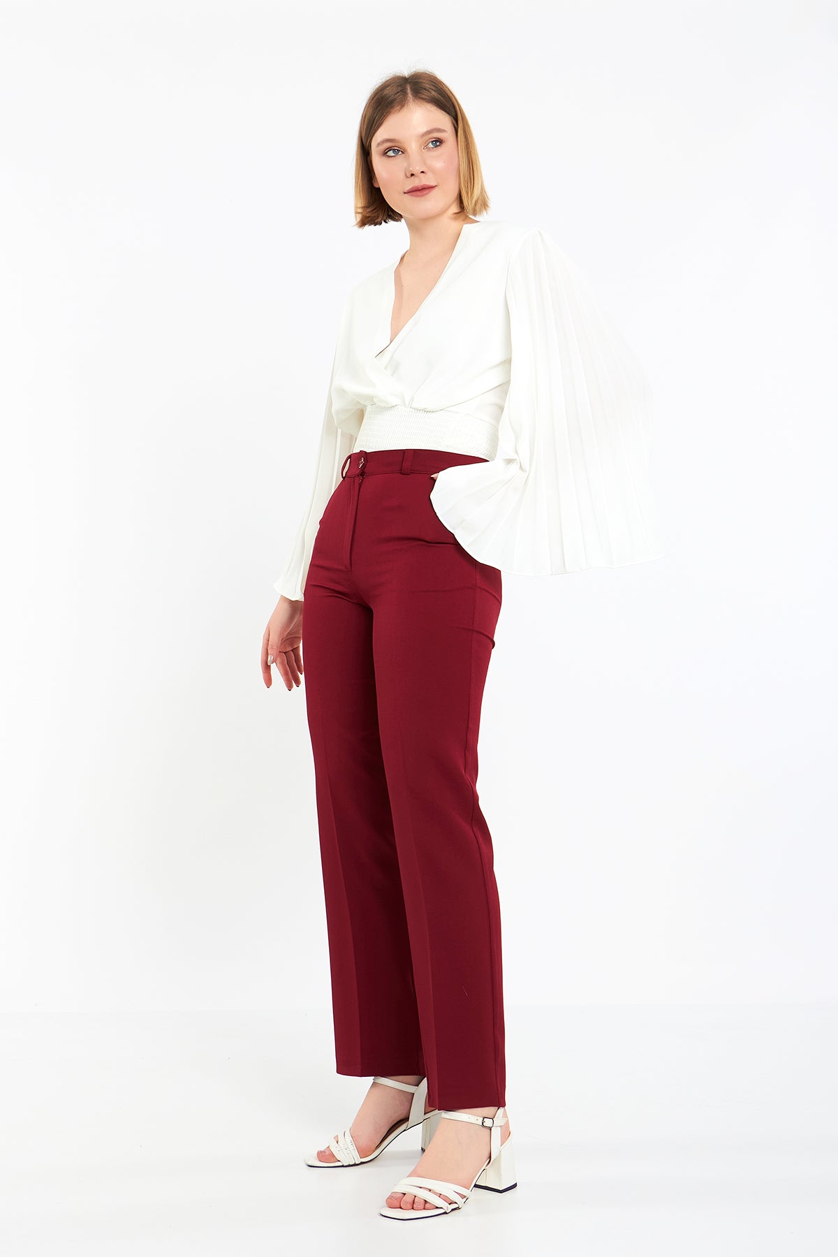 Bordo Geniş Paçalı Kumaş Pantolon