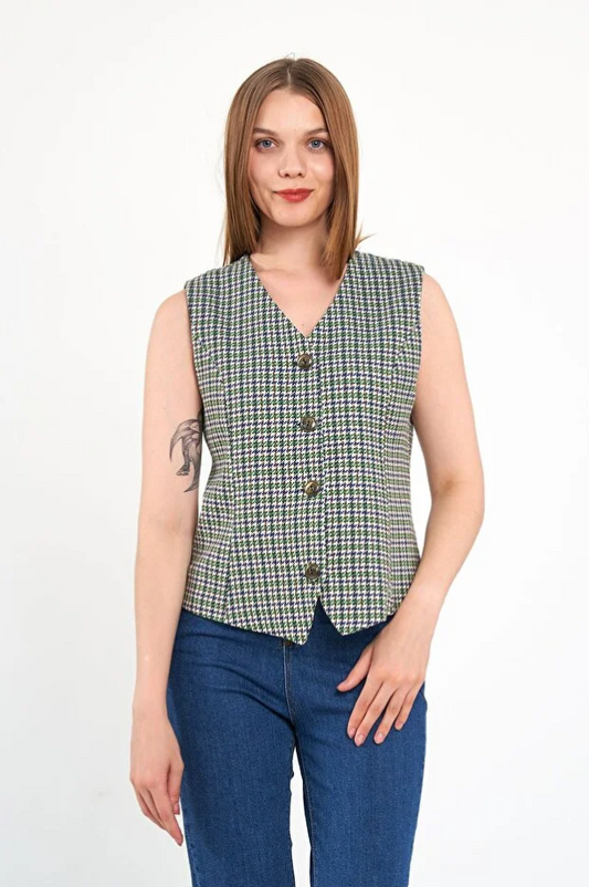 Yeşil Desenli Kısa Klasik Yelek