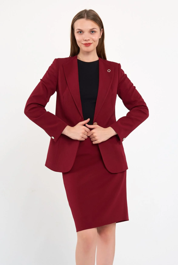 Bordo Klapa Yakalı Ceket Etek Takımı