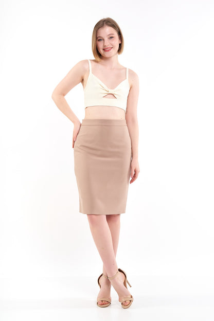 Bej Yüksek Bel Kalem Etek, astarlı, diz boyu, vücut saran, yırtmaç detaylı