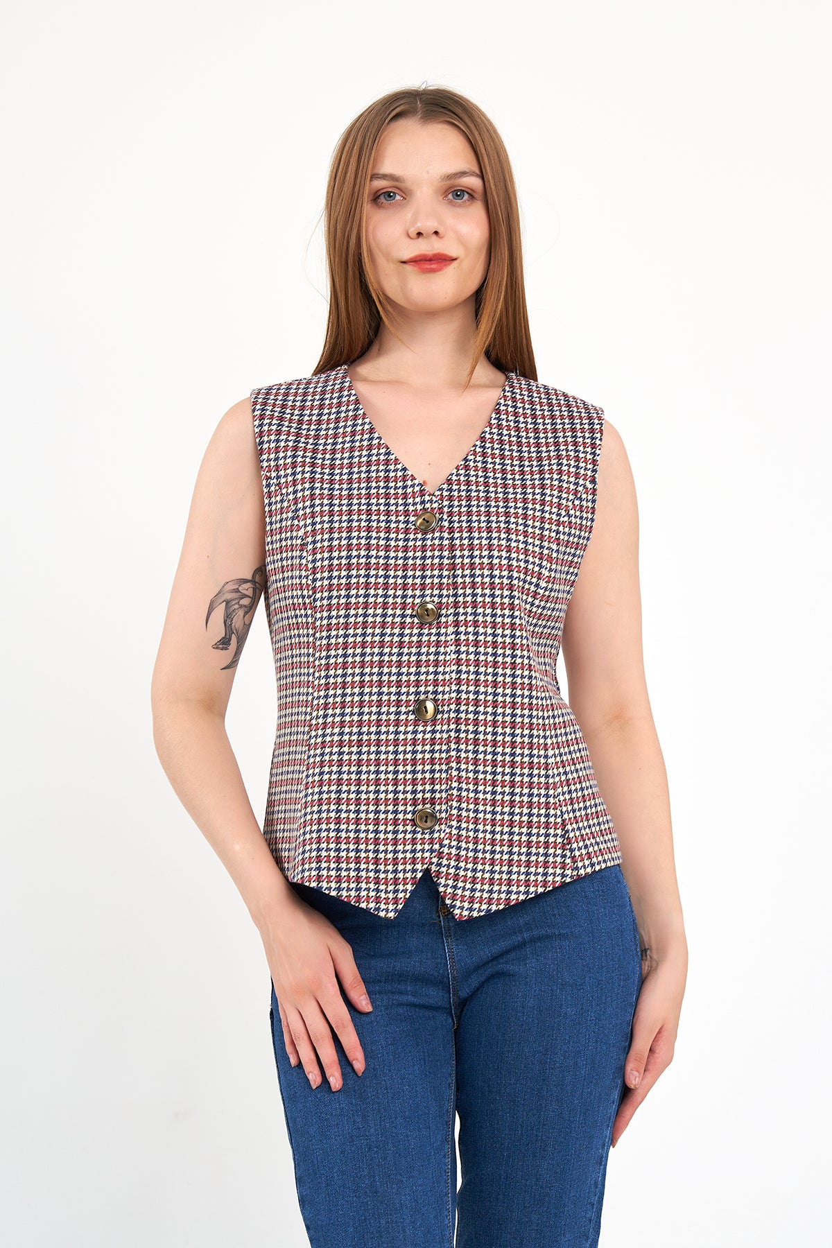 Kırmızı Desenli Günlük Klasik Yelek, regular kalıp, astarlı, takım yeleği