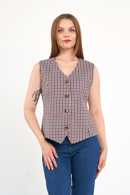 Kırmızı Desenli Günlük Klasik Yelek, regular kalıp, astarlı, takım yeleği