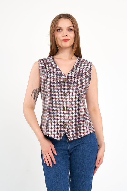 Kırmızı Desenli Günlük Klasik Yelek, regular kalıp, astarlı, takım yeleği