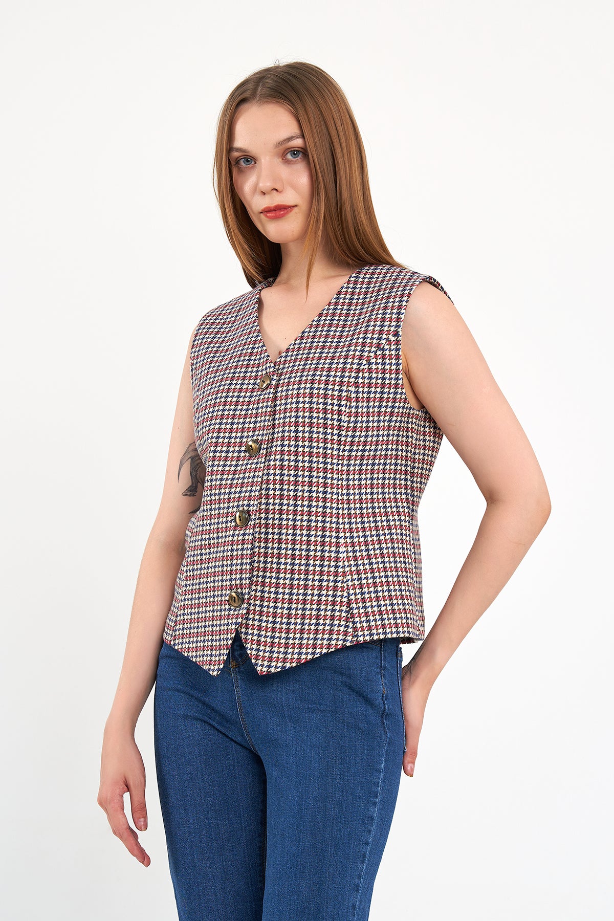 Kırmızı Desenli Günlük Klasik Yelek, regular kalıp, astarlı, takım yeleği