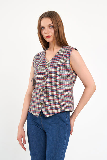 Kırmızı Desenli Günlük Klasik Yelek, regular kalıp, astarlı, takım yeleği