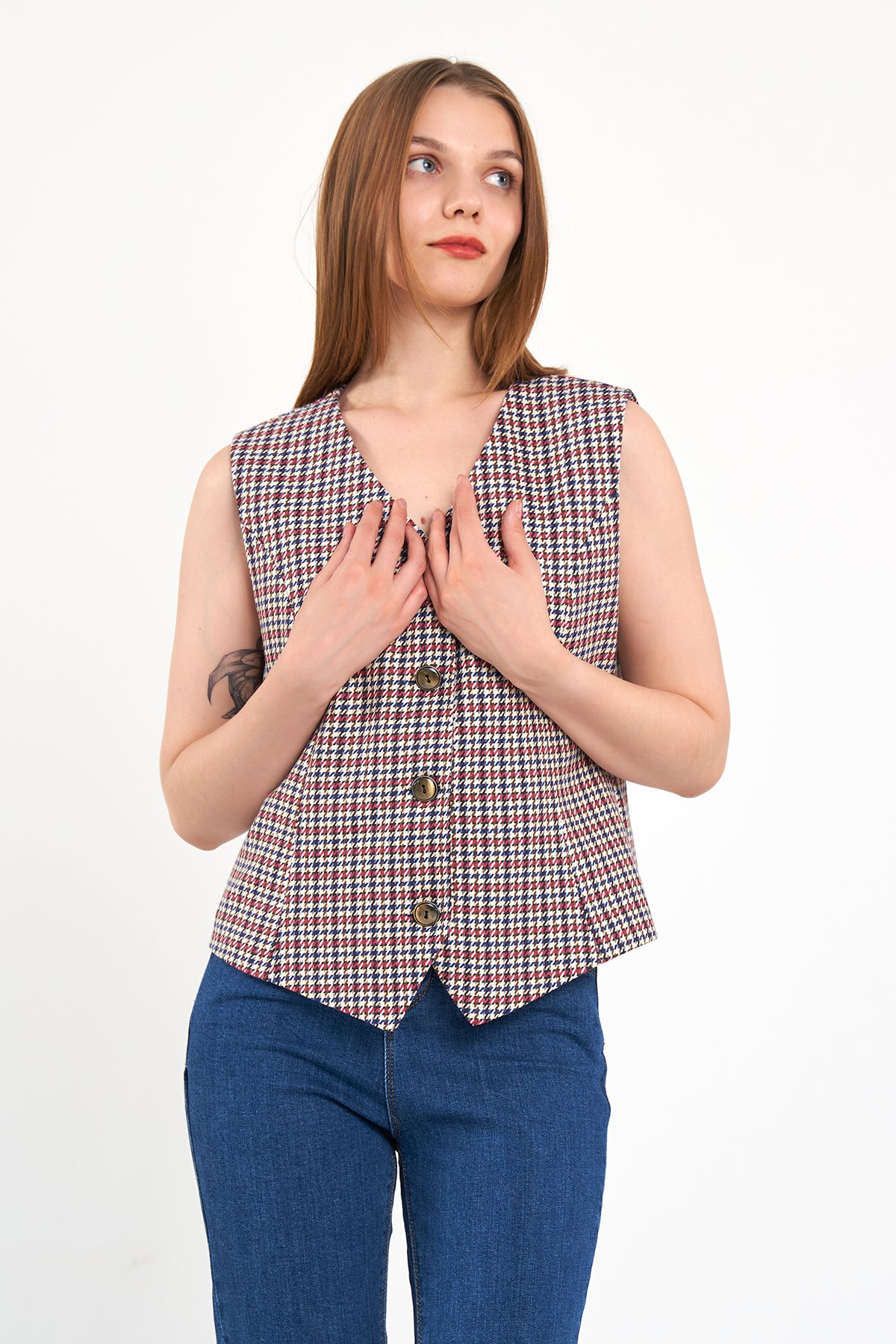 Kırmızı Desenli Günlük Klasik Yelek, regular kalıp, astarlı, takım yeleği