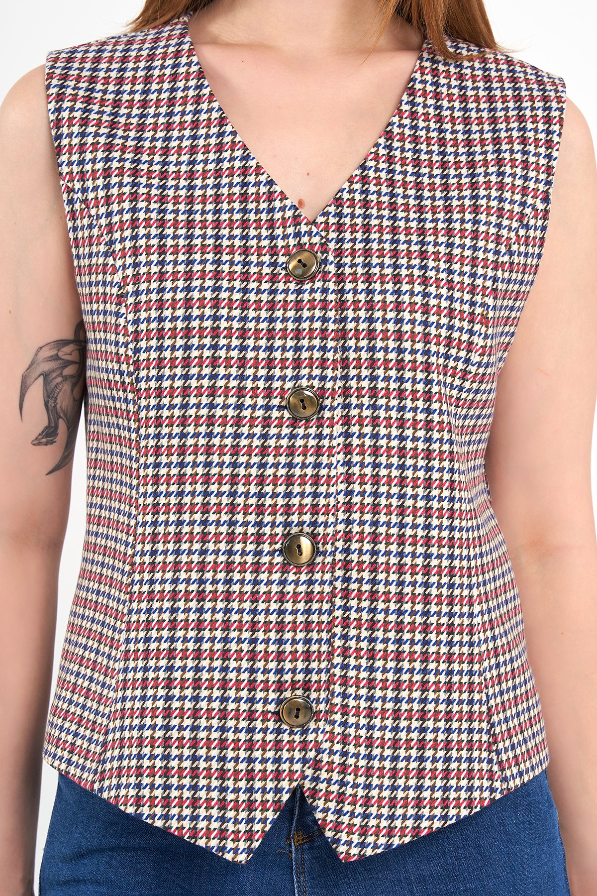 Kırmızı Desenli Günlük Klasik Yelek, regular kalıp, astarlı, takım yeleği