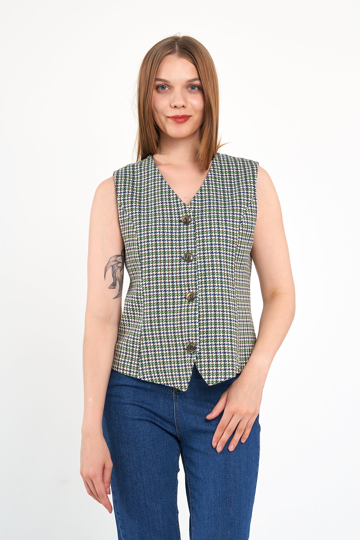 Yeşil Desenli Günlük Klasik Yelek, regular kalıp, astarlı, takım yeleği