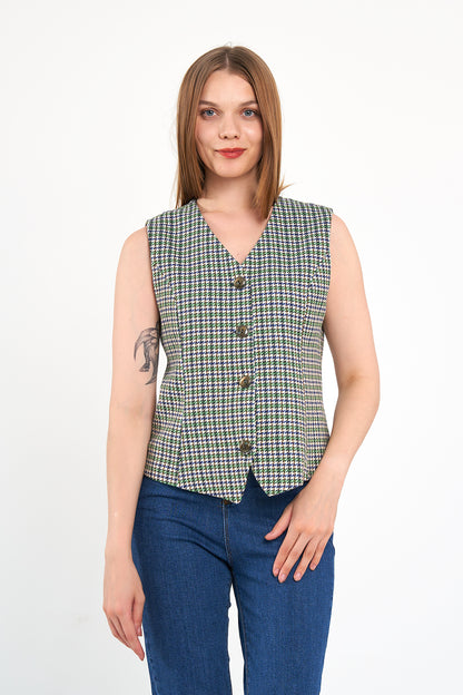 Yeşil Desenli Günlük Klasik Yelek, regular kalıp, astarlı, takım yeleği