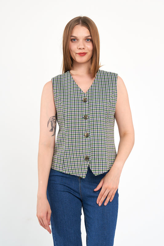 Yeşil Desenli Günlük Klasik Yelek, regular kalıp, astarlı, takım yeleği