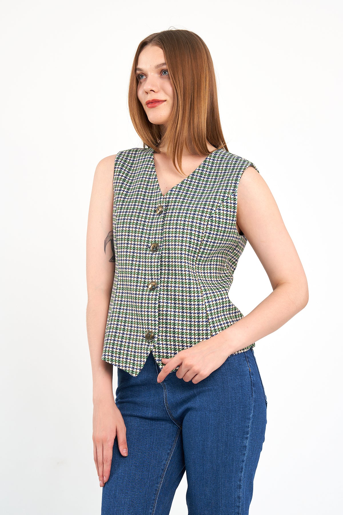 Yeşil Desenli Günlük Klasik Yelek, regular kalıp, astarlı, takım yeleği