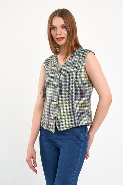 Yeşil Desenli Günlük Klasik Yelek, regular kalıp, astarlı, takım yeleği