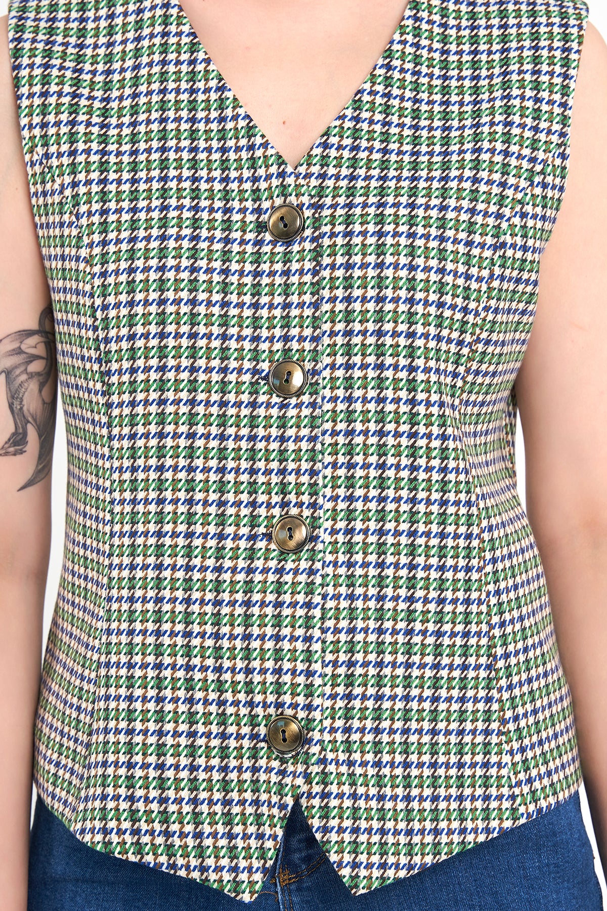 Yeşil Desenli Günlük Klasik Yelek, regular kalıp, astarlı, takım yeleği